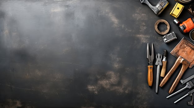 Top view of construction tools on blackboard background with copy space. Generative AI photo