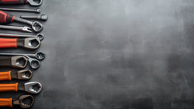 Top view of construction tools on blackboard background with copy space. Generative AI photo