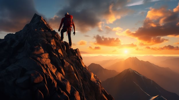 Black silhouette of a climber on a cliff rock with mountains landscape. Generative AI photo