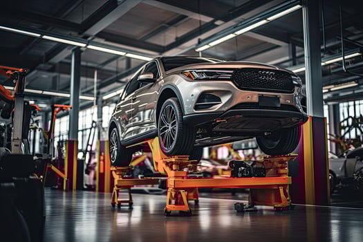 Modern car in the repair shop. Auto service industry. Automotive business. Generative AI photo