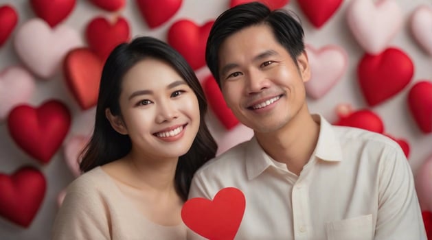 Portrait of a happy asian couple against valentine's day ambience background, background image, AI generated photo