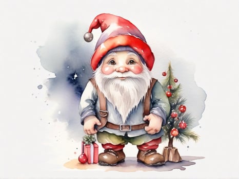 cute gnome santa claus drawing cartoon style and christmas tree on white background, watercolor photo