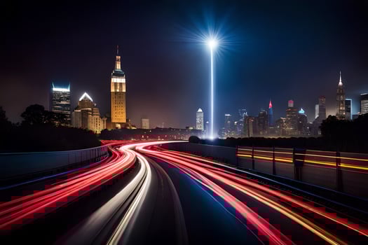a long exposure photograph of a city skyline at night. AI-Generated photo