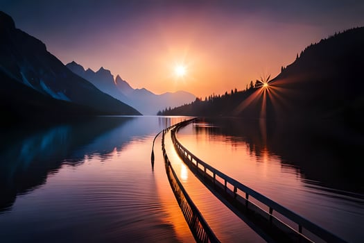 a long bridge over a lake with mountains in the background. AI-Generated photo