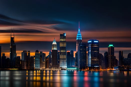the city skyline at night with a colorful sky. AI-Generated photo