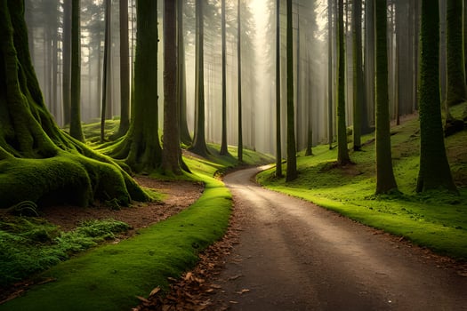 a path through a green forest with trees. AI-Generated photo