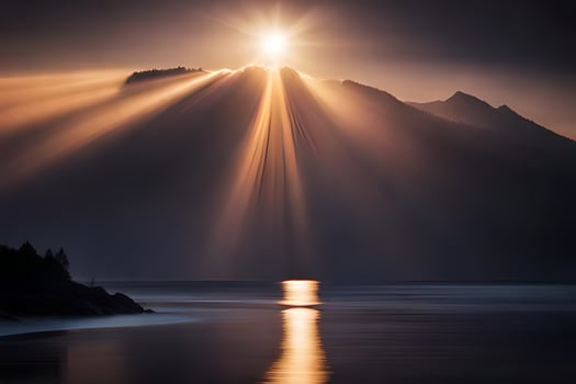 sunbeams shine through the clouds over a mountain. AI-Generated photo