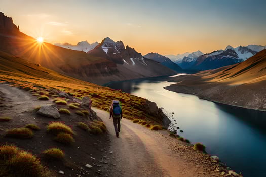 a person walking along a path in the mountains at sunset. AI-Generated photo