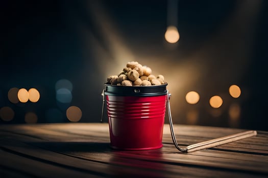a red bucket filled with peanuts and a wooden spoon. AI-Generated photo