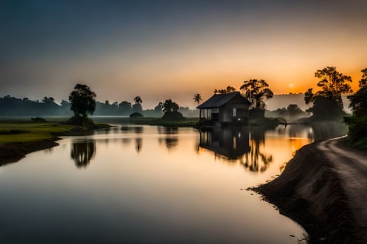 sunset over a river with a house and trees. AI-Generated photo