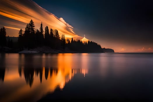 a sunset over the water with trees and clouds. AI-Generated photo