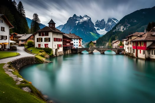 photo wallpaper mountains, river, houses, switzerland, switzerland, switzerland, switzerland. AI-Generated