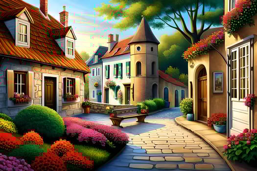 a painting of a street with flowers and houses. AI-Generated photo