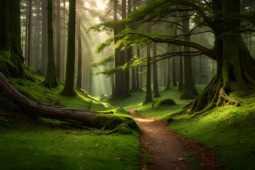 a path through a green forest with trees and sunbeams. AI-Generated photo