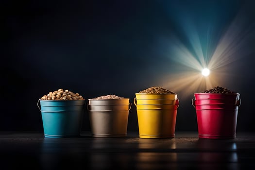 four buckets of different colored beans on a dark background. AI-Generated photo