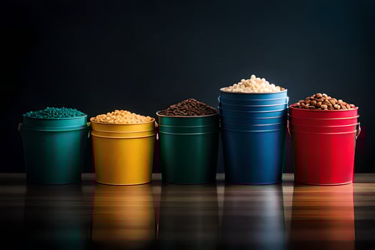 a row of colorful buckets with different types of food. AI-Generated photo