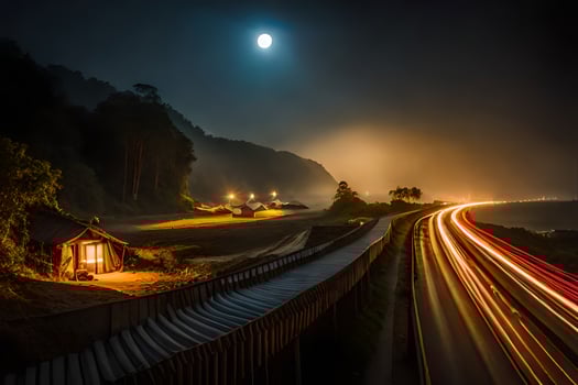 a long exposure photo of a road at night with a moon in the background. AI-Generated