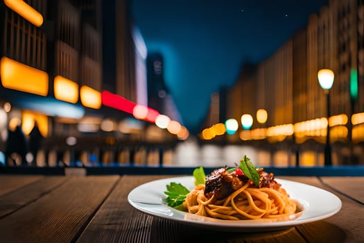 a plate of spaghetti with meat and vegetables on a wooden table in a city at night. AI-Generated photo