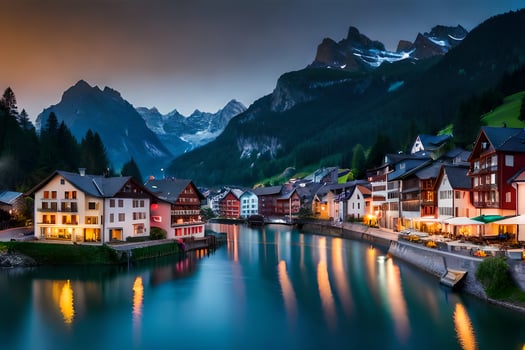 the beautiful town of switzerland at dusk. AI-Generated photo