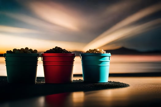 three buckets of popcorn on the beach at sunset. AI-Generated photo