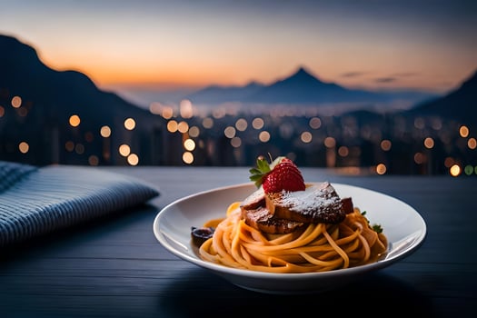 a plate of spaghetti with a strawberry on top. AI-Generated photo