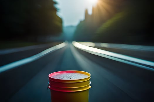 a yellow bucket sitting on the side of a road. AI-Generated photo