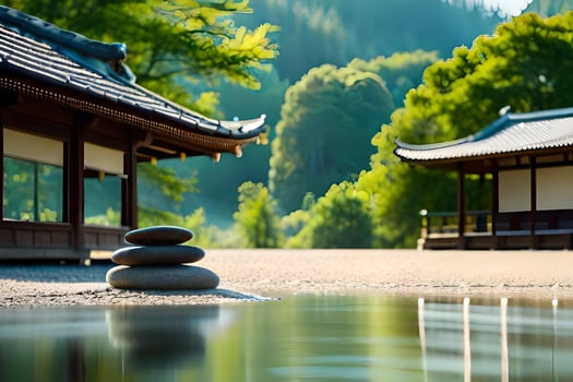 a japanese style house with a pond in front of it. AI-Generated photo