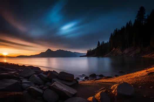 a beautiful sunset over a lake and mountains. AI-Generated photo