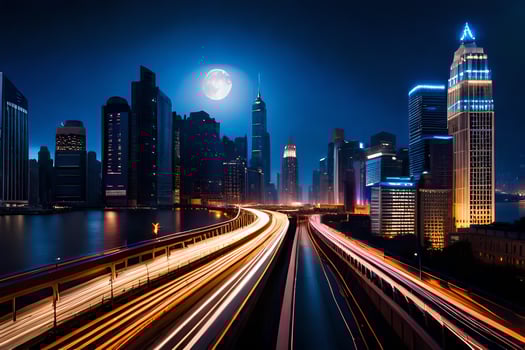a city at night with traffic lights and a full moon. AI-Generated photo