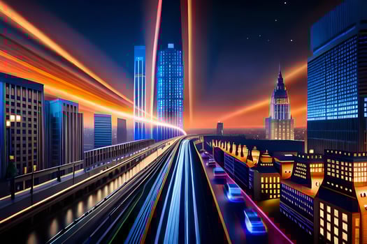 a city at night with lights and trains. AI-Generated photo