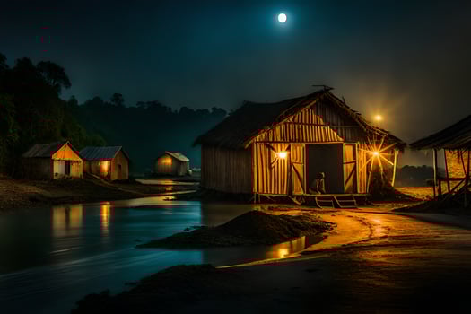 photo wallpaper the moon, night, the water, the river, the hut, the moon,. AI-Generated