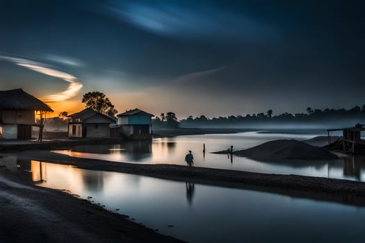 a man stands on the shore of a river at sunset. AI-Generated photo