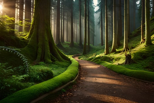 a path through a forest with mossy trees. AI-Generated photo