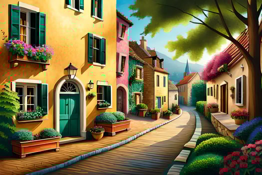 a painting of a street in a village. AI-Generated photo