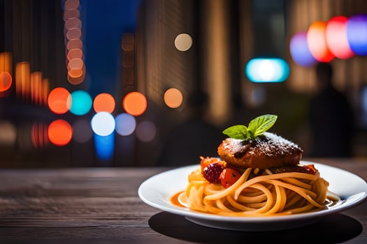 a plate of spaghetti with a tomato and meatball on a wooden table in a restaurant. AI-Generated photo