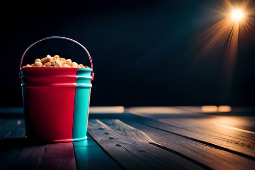 a bucket of popcorn on a wooden table. AI-Generated photo