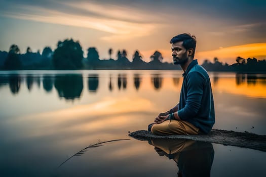 man meditating in front of lake at sunset. AI-Generated photo