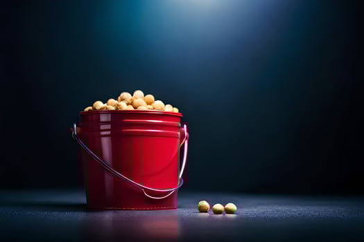 a red bucket filled with peanuts on a dark table. AI-Generated photo