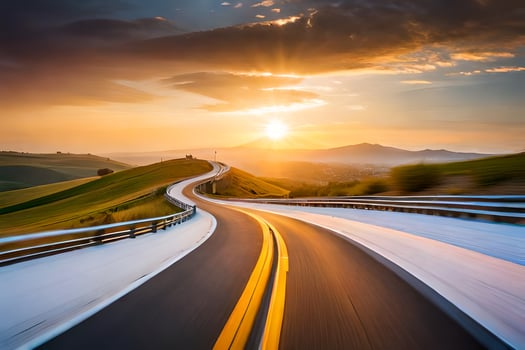 a highway with the sun setting behind it. AI-Generated photo