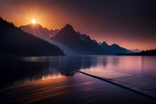 a wooden dock in the middle of a lake at sunset. AI-Generated photo