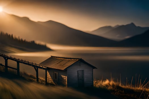 a small shack sits on the edge of a lake with the sun setting behind it. AI-Generated photo