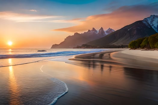 the sun sets on the beach and mountains in the background. AI-Generated photo