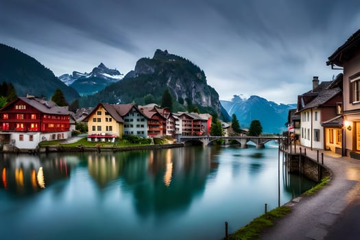 photo wallpaper the sky, mountains, water, houses, switzerland, the alps, the. AI-Generated