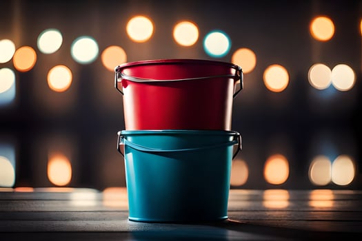 two red and blue buckets on a wooden table. AI-Generated photo