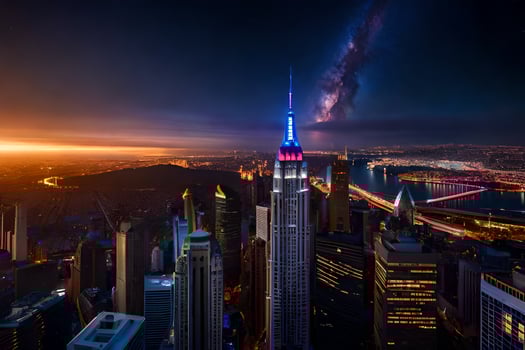 the empire state building is seen in the night sky. AI-Generated photo