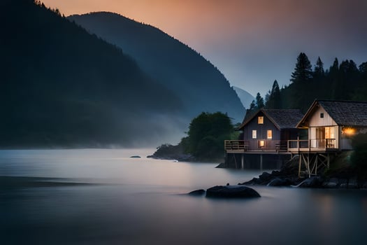 photo wallpaper the sky, mountains, fog, lake, house, the house, the lake,. AI-Generated
