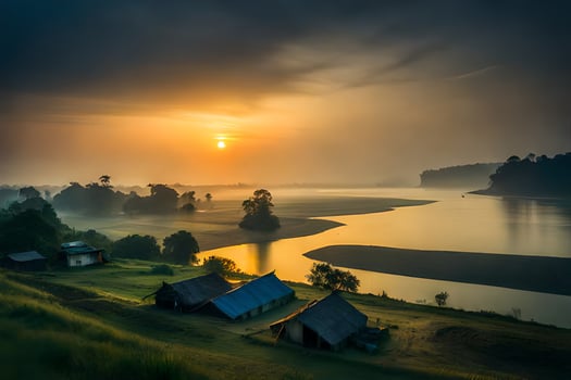 a beautiful sunrise over a river and some huts. AI-Generated photo