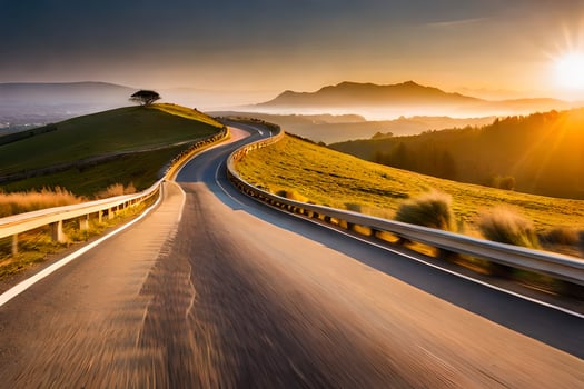 a road in the mountains with the sun setting. AI-Generated photo