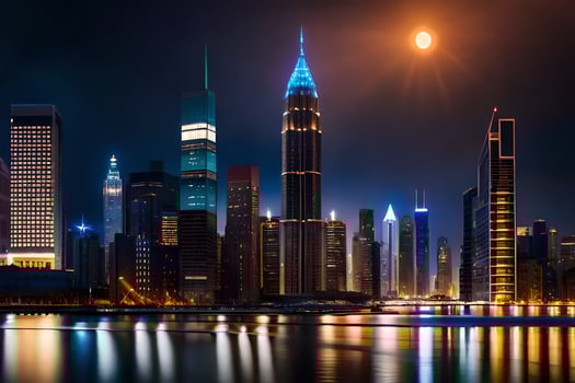 the city skyline at night with the moon in the sky. AI-Generated photo