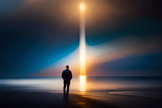 a man standing on the beach looking at a light coming from the sky. AI-Generated photo